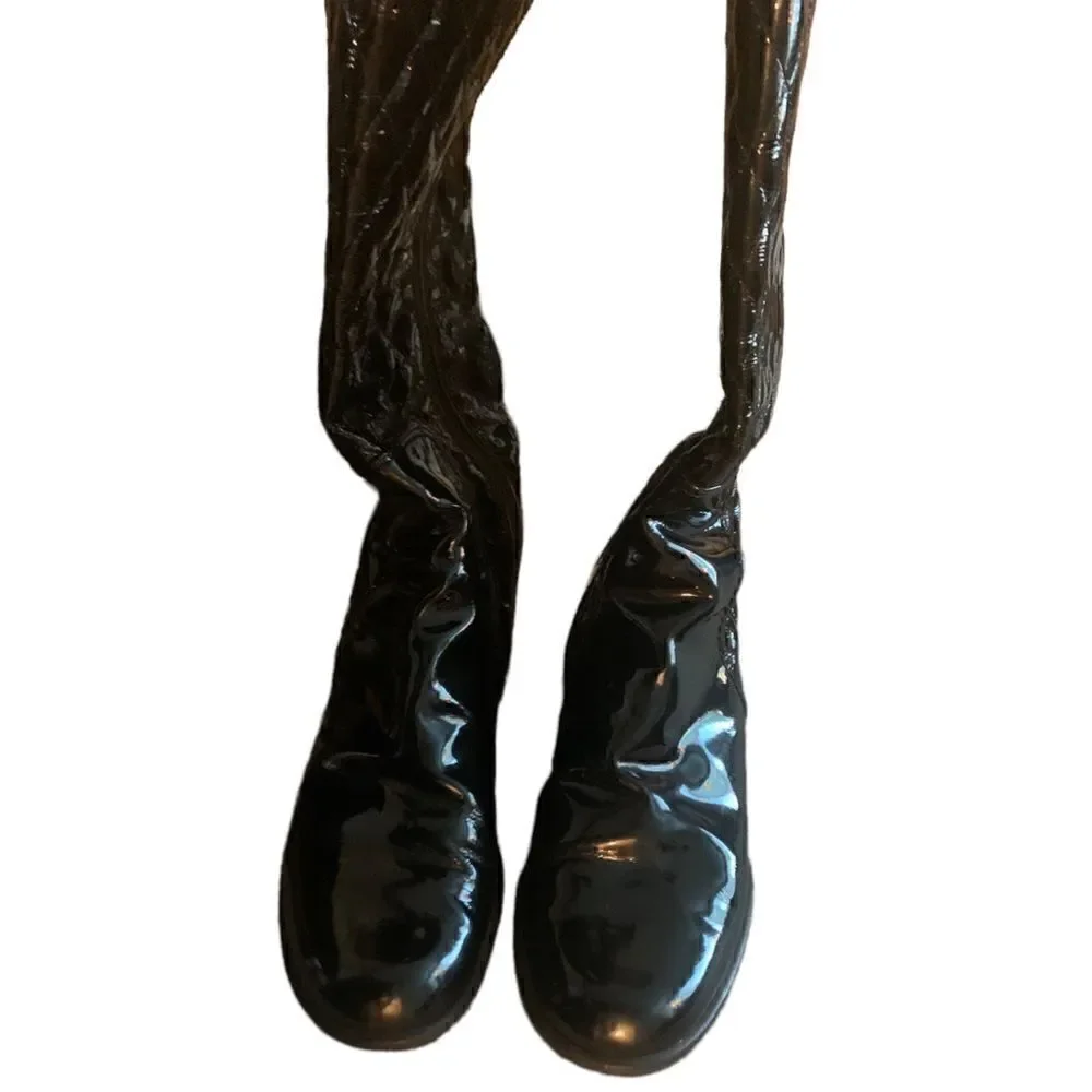 Stuart Weitzman Black Patent Leather Quilted Knee Boots